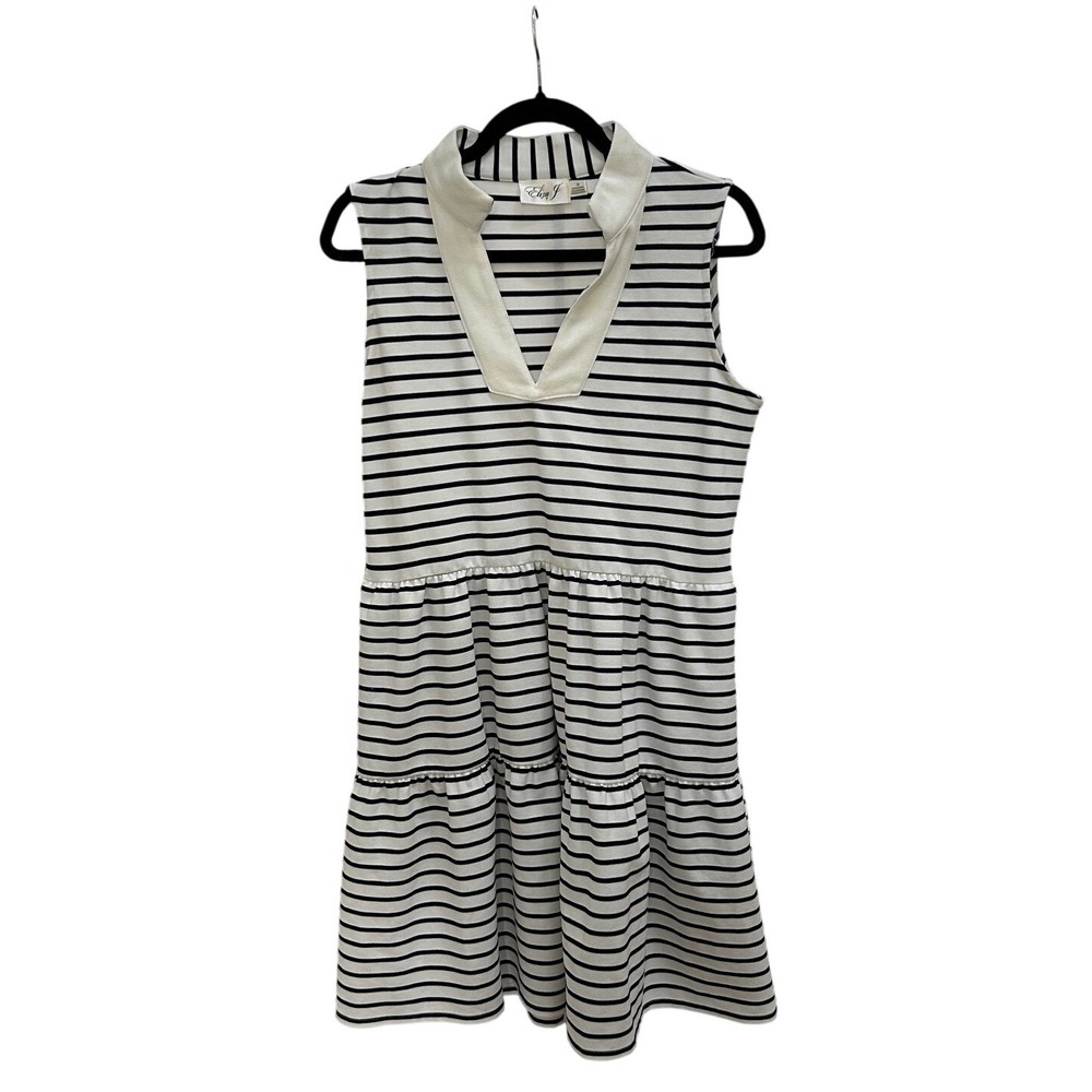 Eliza J Women Black White Striped Sleeveless Tiered V-Neck Dress Preppy Size 10